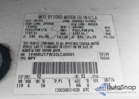 2003 Ford Expedition Eddie Bauer z USA, uszkodzony, nr VIN 1FMRU17W33LC60001